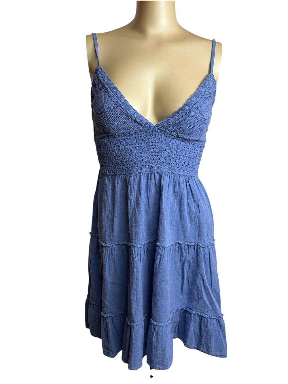 Altar'd State Blue Crochet Tiered Open Back Mini Dress Size Small